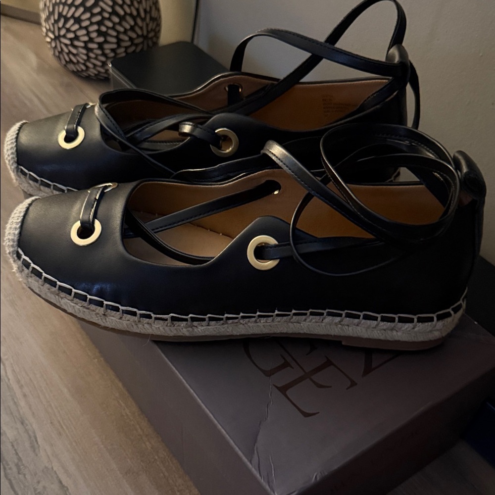 Crown Vintage Leyla Black Soft Vechatta Leather Ankle lace up Espadrille Flats